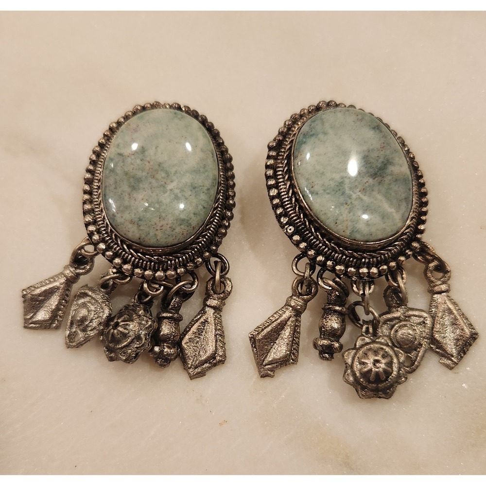 Vintage Southwestern Style Clip-On Earrings Dangle Charms Faux Turquoise...